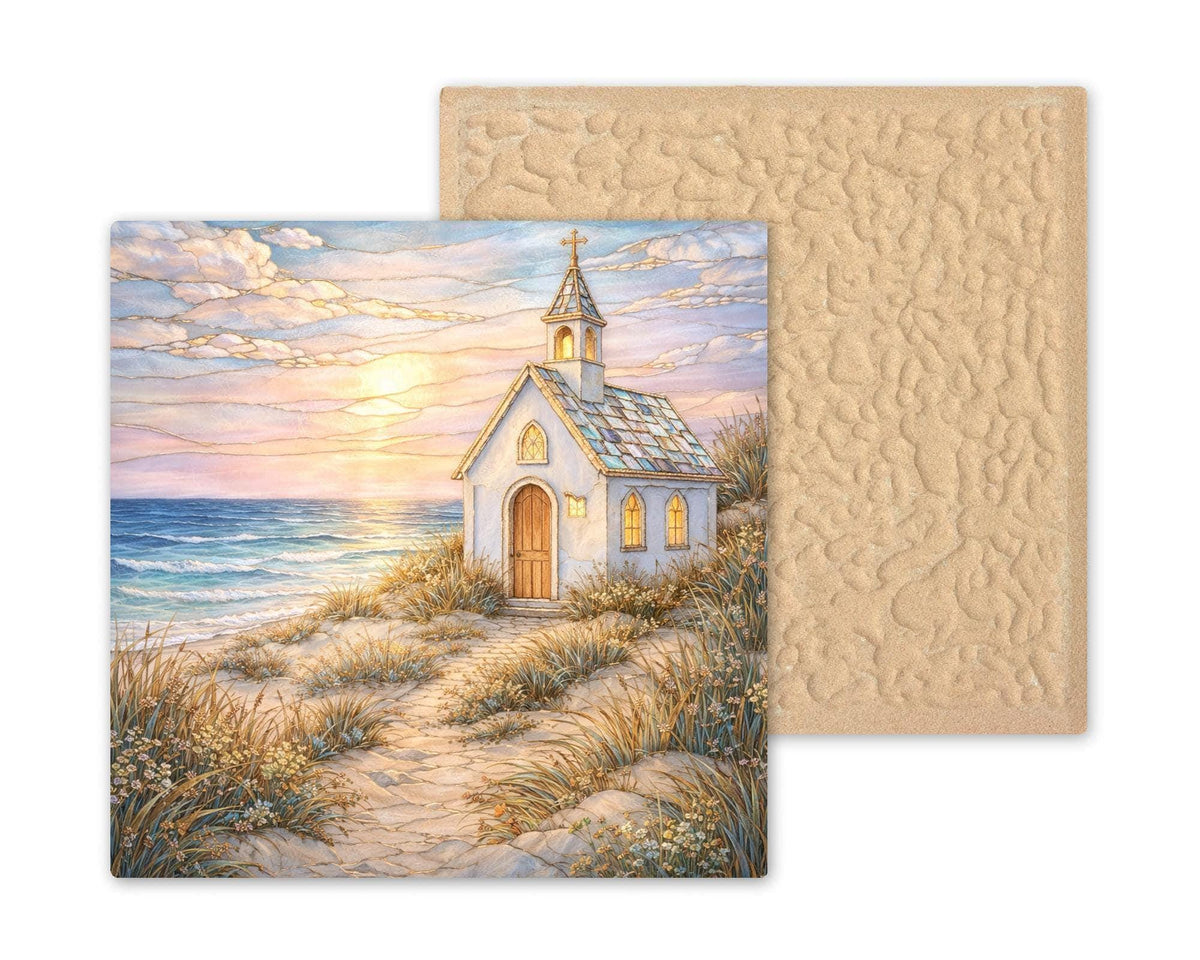 Seaside Church Ceramic Tile Wall Art – Stained Glass Style Coastal Sanctuary Decor, Religious Beach Gift, Faith Inspired Home Accent