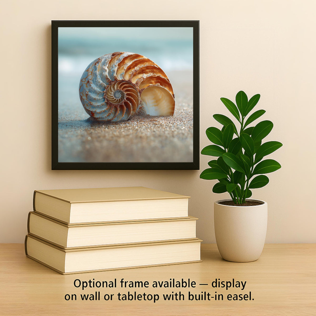 Seashell Coastal Wall Art Ceramic Tile – Nautilus Shell Beach Scene, Nature Inspired Home Decor