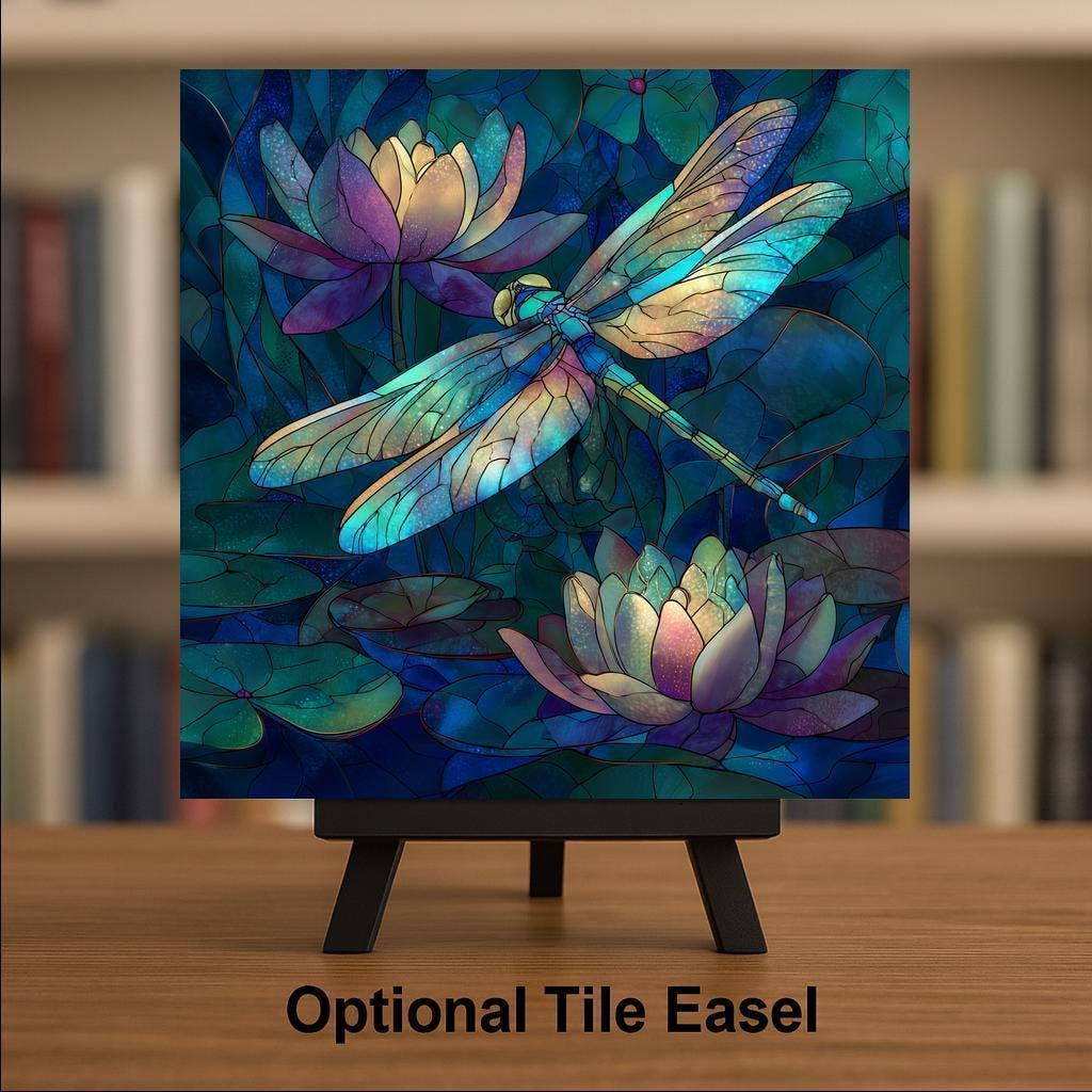 Dragonfly & Lotus Ceramic Tile Wall Art – Stained Glass Style Nature Decor, Tranquil Home Accent, Meaningful Gift