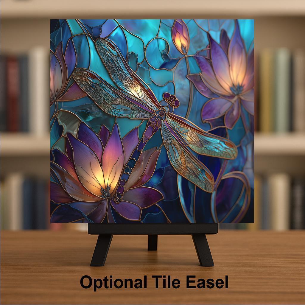Dragonfly Wall Art Ceramic Tile Stained Glass Style Memorial Gift Lotus Nature Art Sympathy Gift Bereavement Art