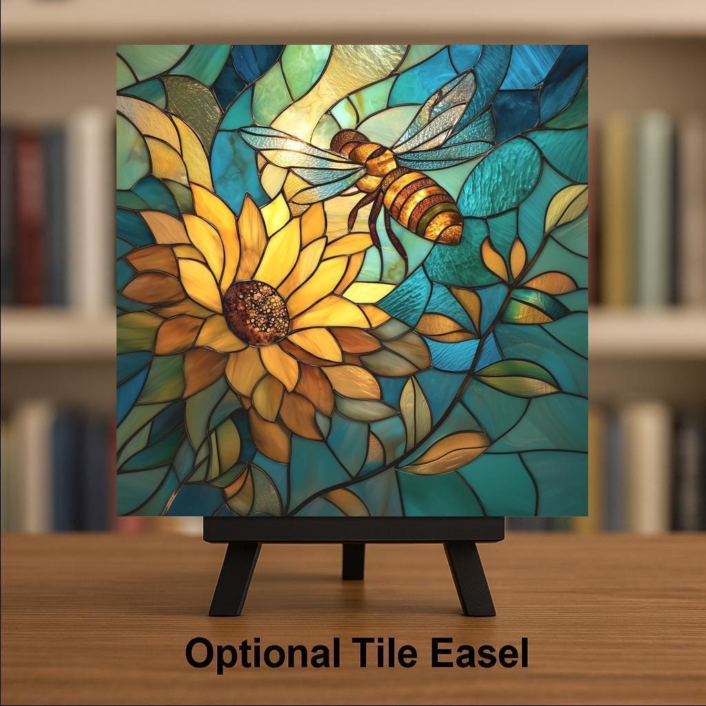 Bee Ceramic Art Tile – Sunflower Pollinator Wall Decor, Garden Kitchen Nature Lover Gift