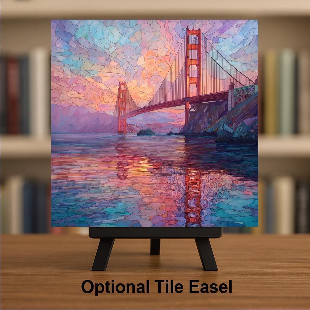 Golden Gate Bridge Stained Glass Style Ceramic Art Tile – San Francisco Sunset Wall Decor, California Travel Gift