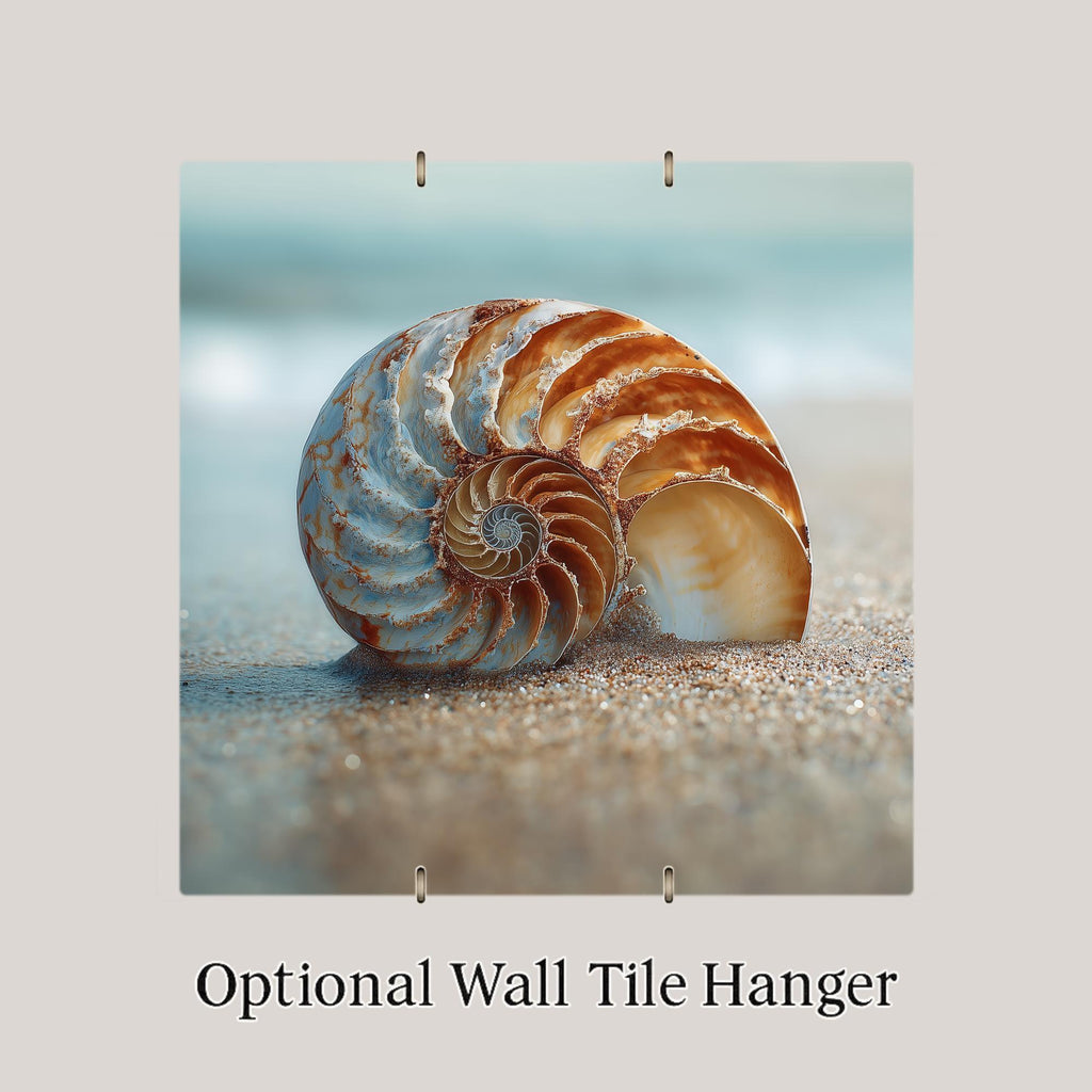 Seashell Coastal Wall Art Ceramic Tile – Nautilus Shell Beach Scene, Nature Inspired Home Decor