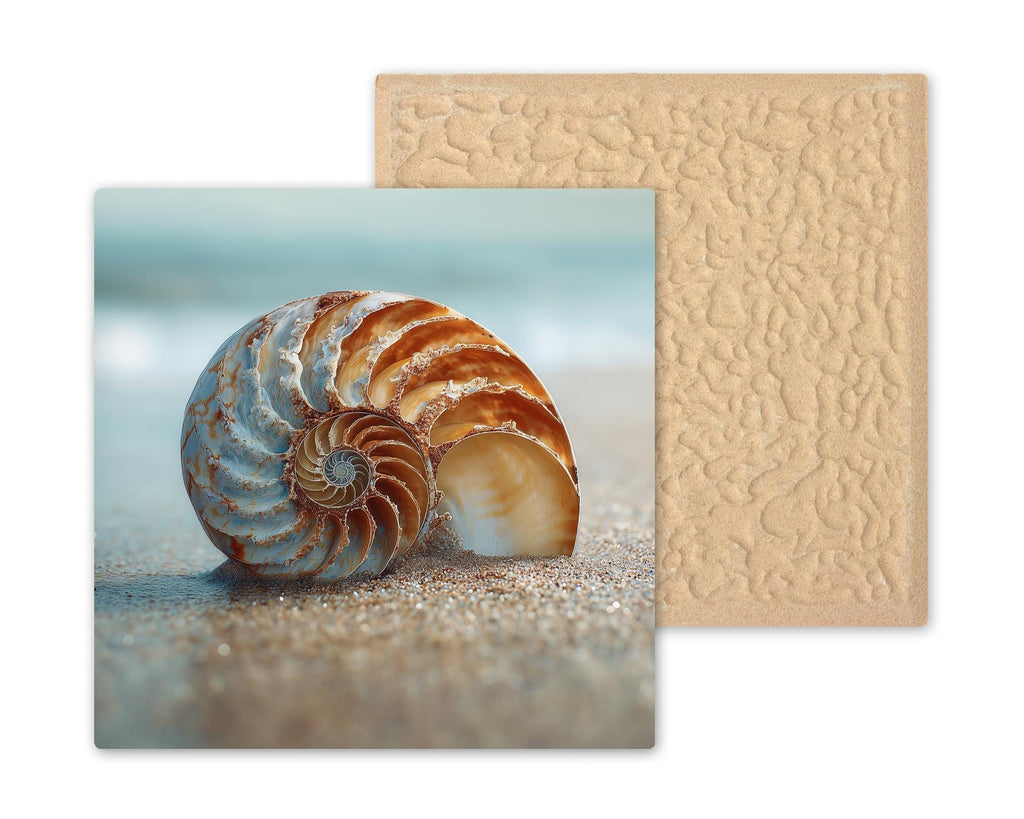Seashell Coastal Wall Art Ceramic Tile – Nautilus Shell Beach Scene, Nature Inspired Home Decor