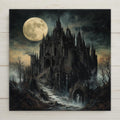 Gothic castle tile art featuring a dark cathedral under a full moon. Perfect for Halloween, spooky décor, or lovers of castlecore and gothic fantasy