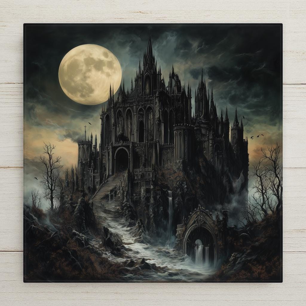 Gothic castle tile art featuring a dark cathedral under a full moon. Perfect for Halloween, spooky décor, or lovers of castlecore and gothic fantasy