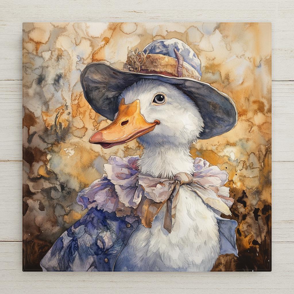 This whimsical Mother Goose ceramic tile art features a sweet goose in a bonnet and ruffles—perfect for nursery décor, farmhouse charm, or cottagecore vibes.