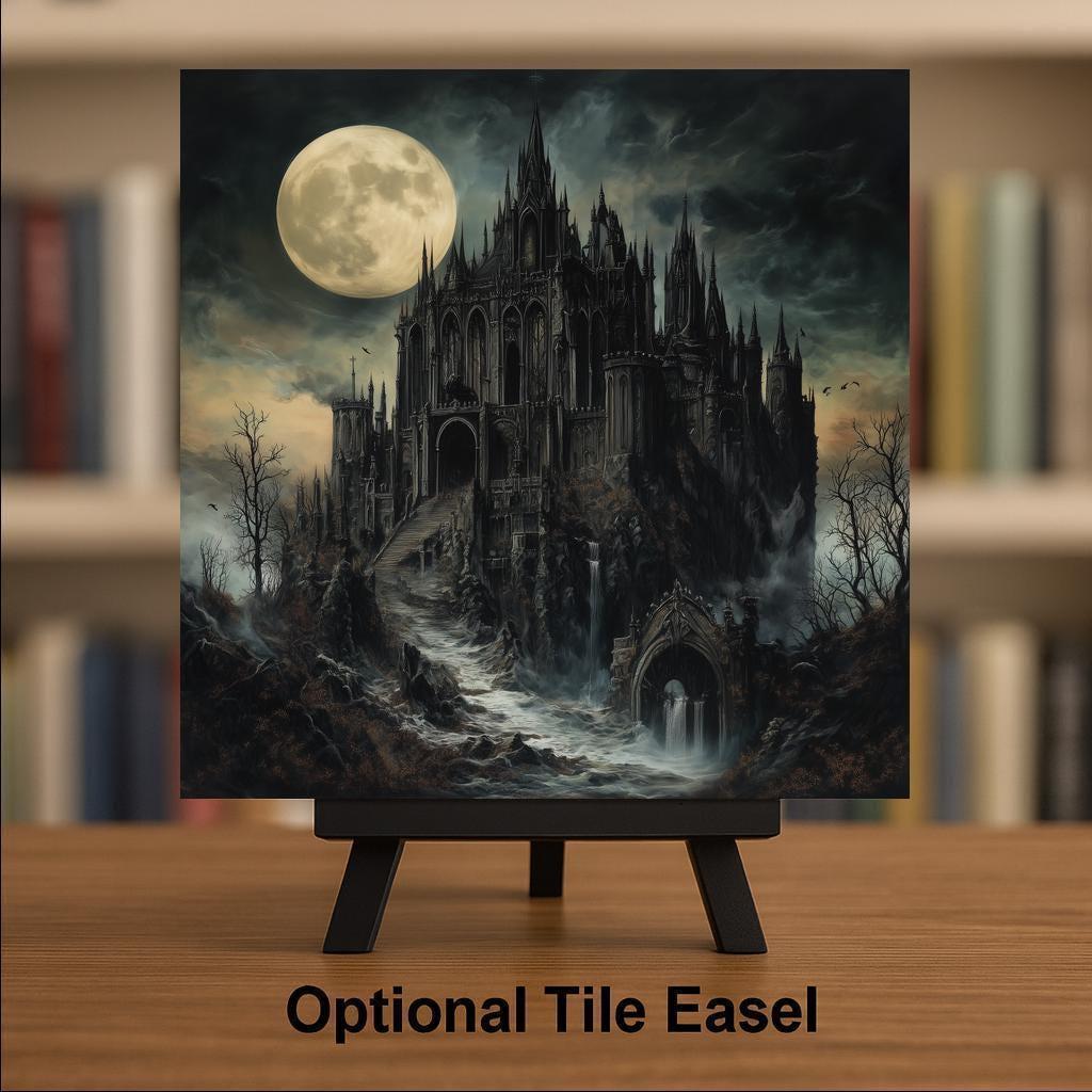 Gothic Castle Stained Glass Style Ceramic Art Tile: Gothic Wall Decor Dark Academia Decor Fantasy Home Decor Wall Art Halloween Haunted