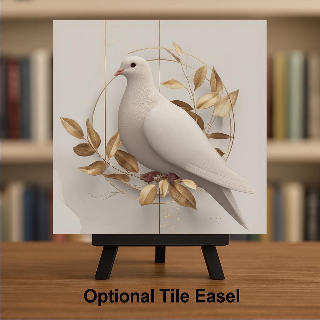 White Dove Wall Art Ceramic Tile Spiritual Gift Peace Decor Minimalist Gold Leaf Art Faith Nature