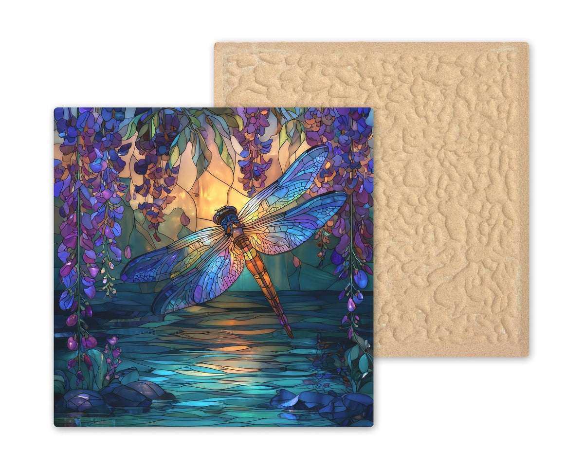 Dragonfly Ceramic Tile Wall Art – Stained Glass Style Nature Decor Floral Garden Home Decor Enchanted Pond Artwork Gift for Dragonfly Lovers