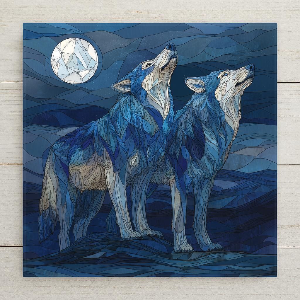 Stained glass-style wolf pair ceramic tile wall art showing two wolves standing together beneath a blue moon in a night forest scene. A permanent high-resolution ceramic print designed to resemble stained glass, not made of glass or mosaic. Ideal as a wedding gift or newlywed home decor symbolizing love, unity, and partnership. Optional wall hanger, easel stand, cork backing, and premium frame available.