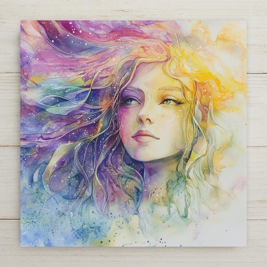 This Virgo zodiac tile features a dreamy watercolor portrait of the Virgin, radiating calm and celestial elegance. A perfect gift for astrology lovers or a serene accent to your zodiac decor collection. Printed on durable ceramic with vivid detail and cosmic tones.