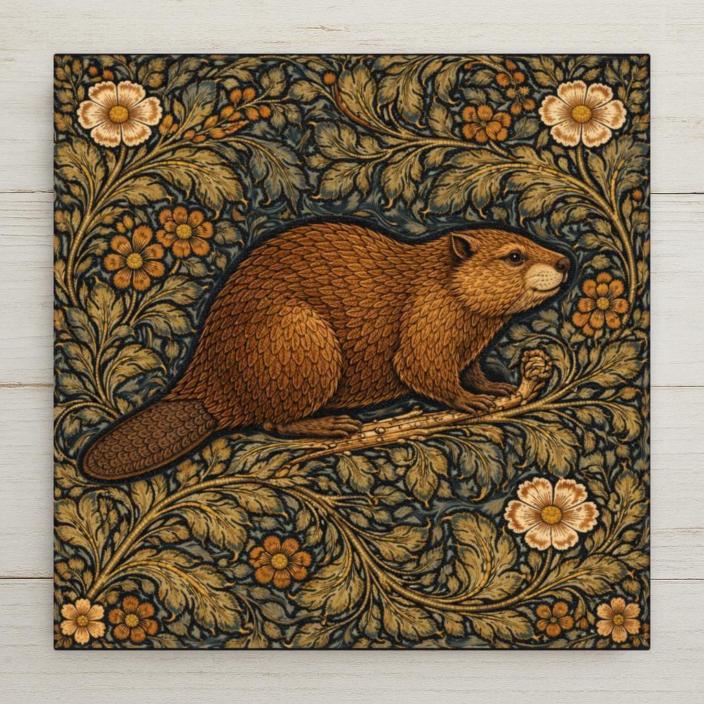 William Morris inspired ceramic tile featuring a detailed beaver surrounded by ornate Arts and Crafts botanical foliage in warm golden and forest green tones.