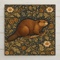 William Morris inspired ceramic tile featuring a detailed beaver surrounded by ornate Arts and Crafts botanical foliage in warm golden and forest green tones.