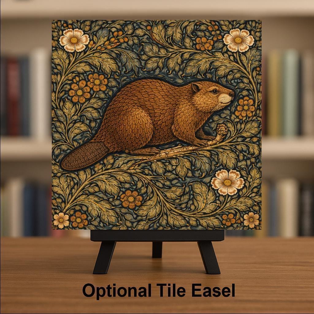 Beaver Ceramic Tile Wall Art William Morris Style Woodland Animal Arts and Crafts Rustic Cabin Decor