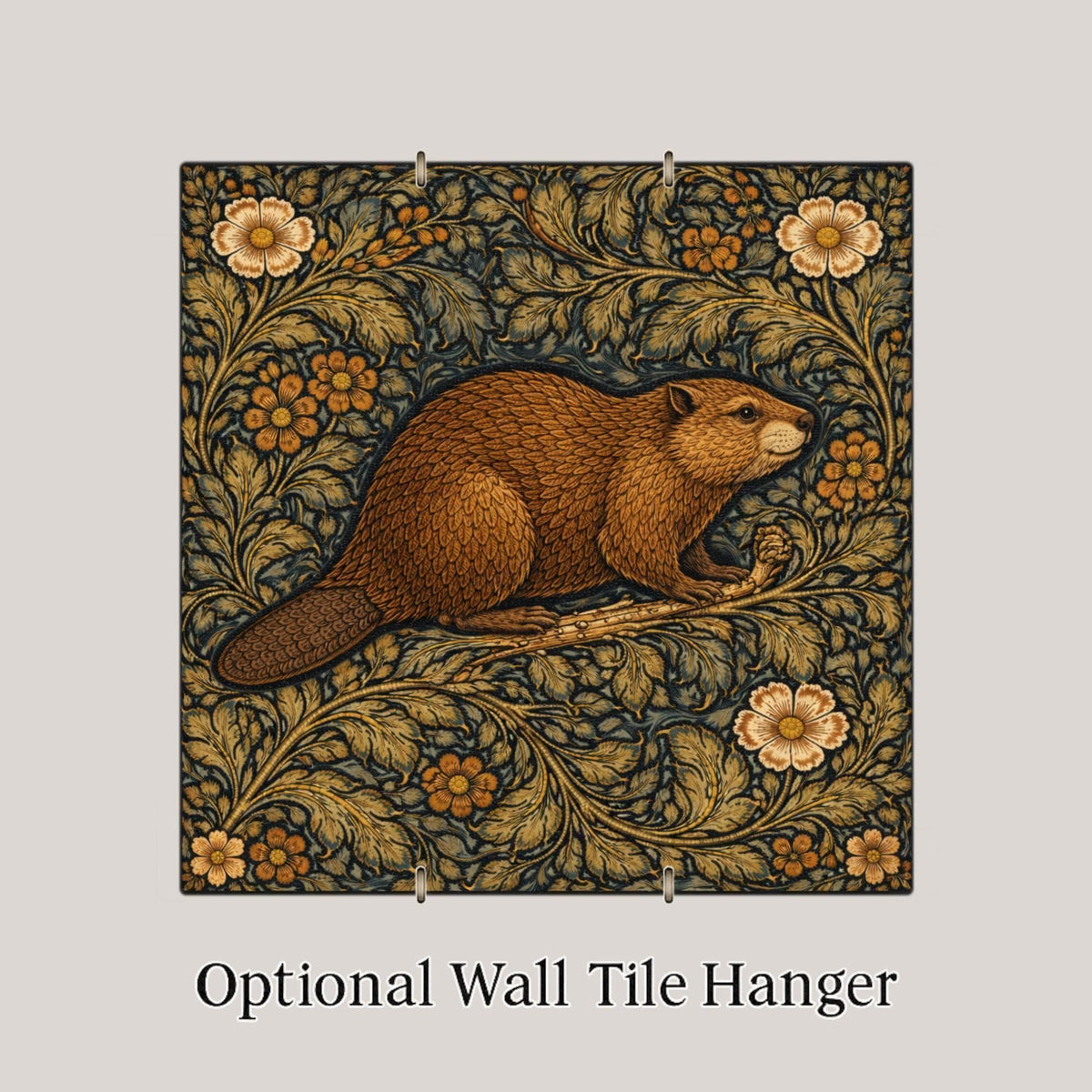 Beaver Ceramic Tile Wall Art William Morris Style Woodland Animal Arts and Crafts Rustic Cabin Decor