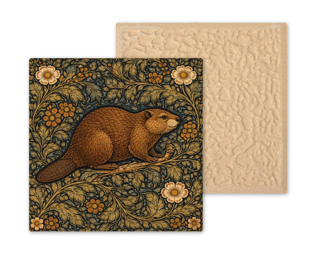 Beaver Ceramic Tile Wall Art William Morris Style Woodland Animal Arts and Crafts Rustic Cabin Decor