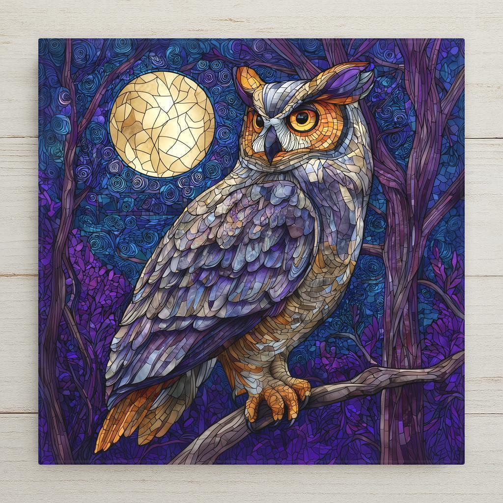 Stained glass–style owl artwork printed on a ceramic tile with glowing moonlight, purple forest detail, and rich wildlife textures. Perfect for nature lovers or woodland décor. Optional tile wall hanger, easel tile stand, cork backing, and premium frame available. Printed artwork, not real stained glass.