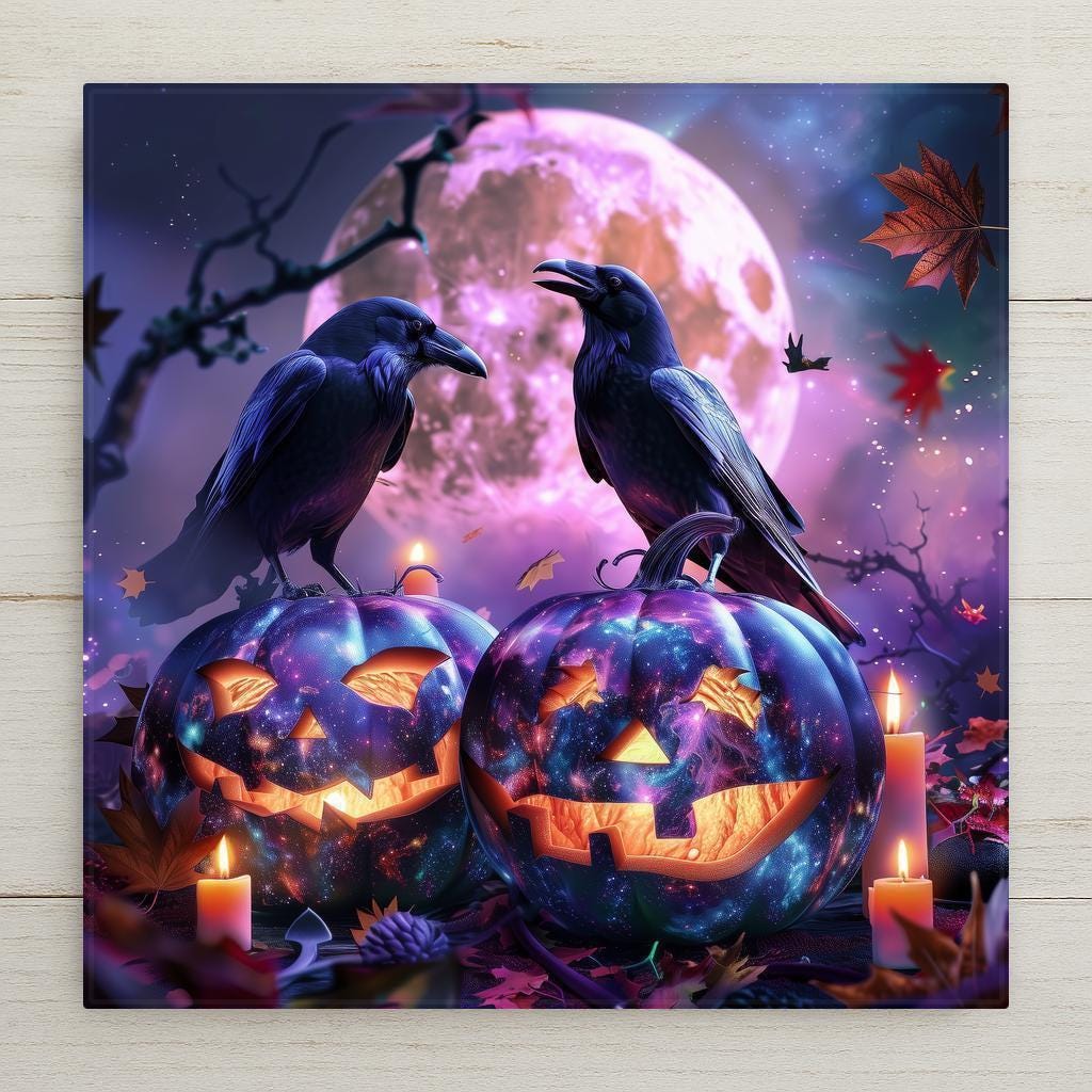 Stained glass style raven ceramic tile perched on a crescent moon against a deep cobalt and midnight teal cosmic sky, warm gold and amber moonlight catching the raven's iridescent wings, a vivid gothic and witchy home decor gift for raven lovers.