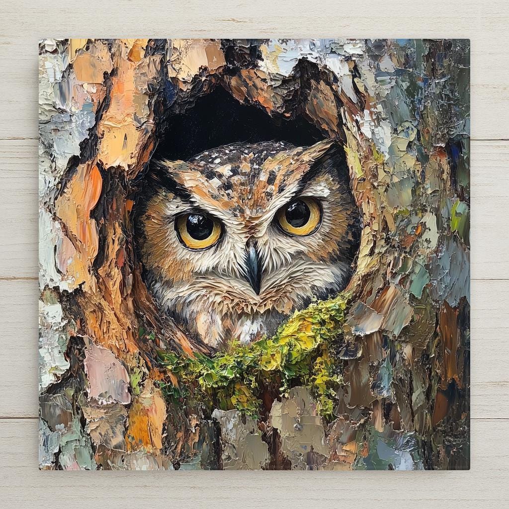 Impressionistic Barr Owl Ceramic Tile Art - Nature-Inspired Home Decor