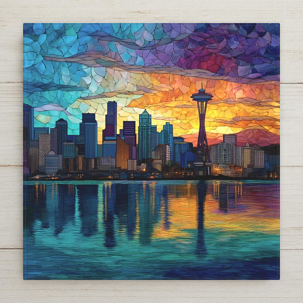 Seattle skyline stained glass-style ceramic tile wall art glows with sunset color and mosaic charm. Perfect wall art and home decor gift. Choose from tile wall hanger, easel stand, cork backing, or premium frame for wall or tabletop display. (Printed artwork — not real stained glass or mosaic.)