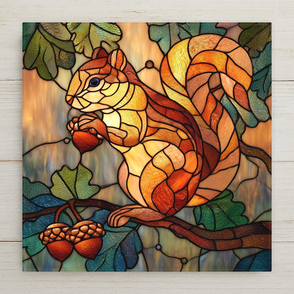 Warm autumn tones and stained glass–style details make this squirrel ceramic tile a beautiful piece of woodland wall decor. Printed permanently on ceramic for vivid, lasting color. Optional tile wall hanger, easel tile stand, cork backing, and premium frame available. Artwork is printed, not real stained glass or mosaic.