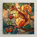 Warm autumn tones and stained glass–style details make this squirrel ceramic tile a beautiful piece of woodland wall decor. Printed permanently on ceramic for vivid, lasting color. Optional tile wall hanger, easel tile stand, cork backing, and premium frame available. Artwork is printed, not real stained glass or mosaic.