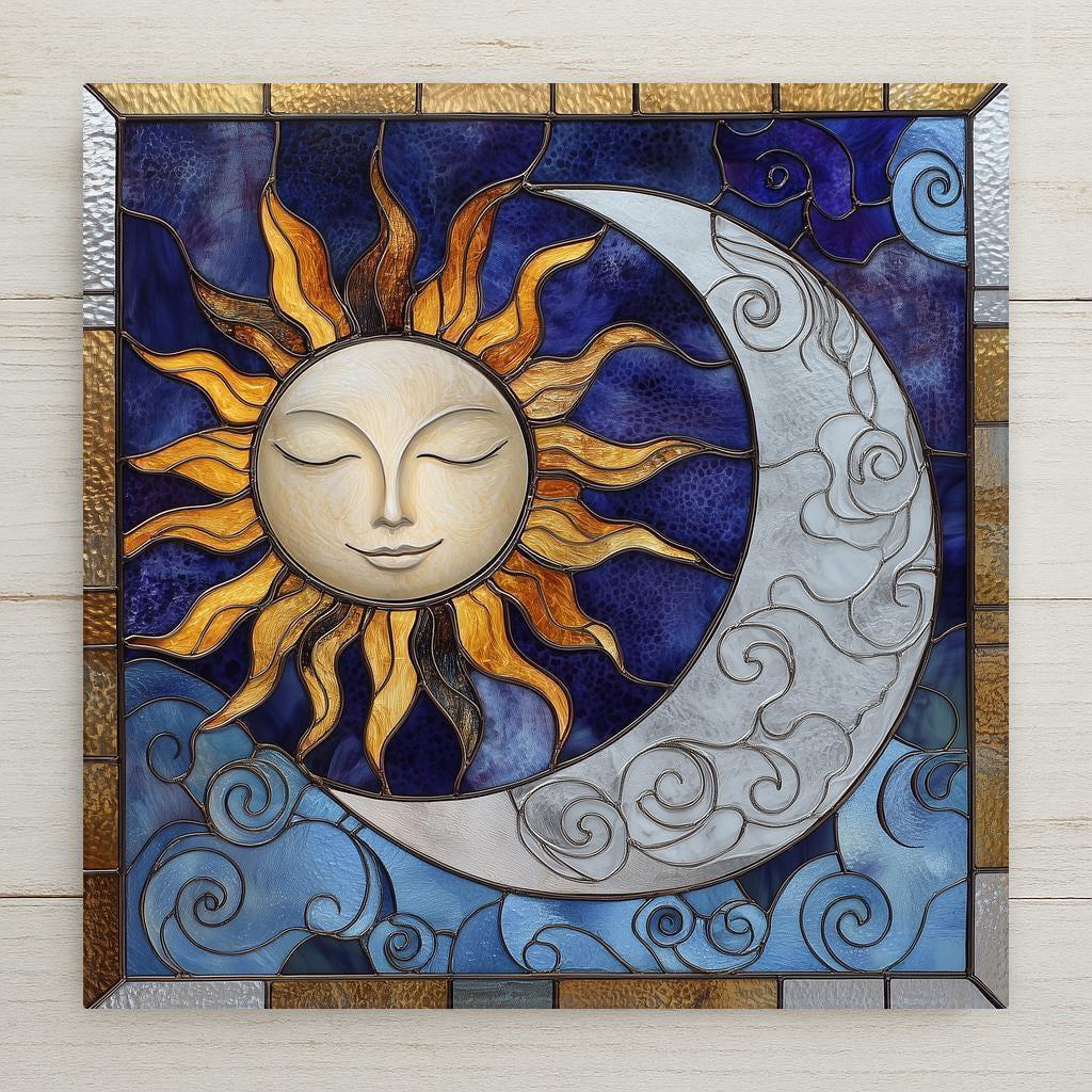 This celestial tile features a peaceful sun face and swirling moon in stained glass style. A symbolic ceramic artwork perfect for spiritual home décor.