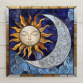 This celestial tile features a peaceful sun face and swirling moon in stained glass style. A symbolic ceramic artwork perfect for spiritual home décor.