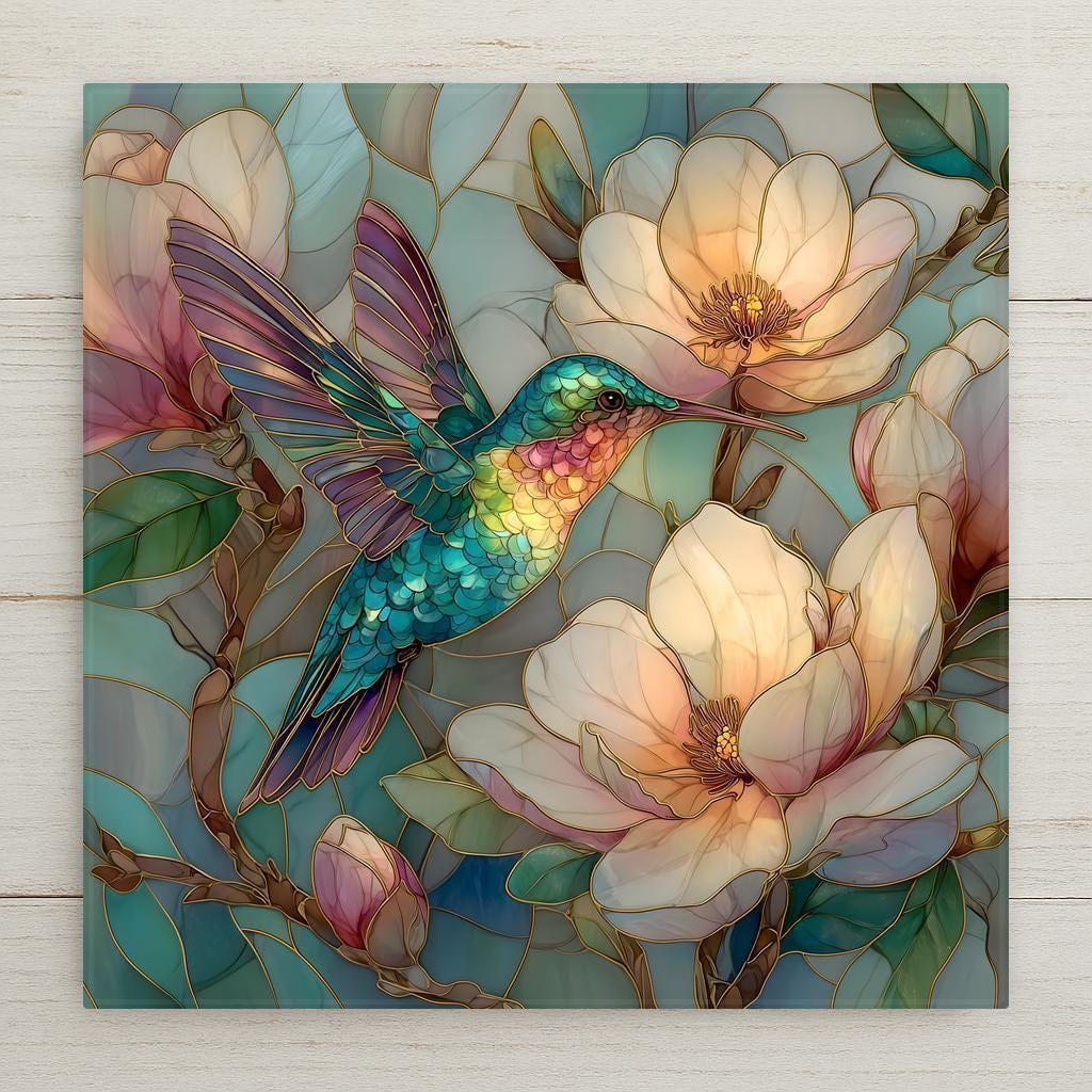 Stained glass style ceramic tile featuring a vibrant emerald and turquoise hummingbird hovering among soft ivory and blush magnolia flowers. Pastel teal background with delicate gold leading creates romantic cottagecore botanical wall art for bird lovers and garden home decor.