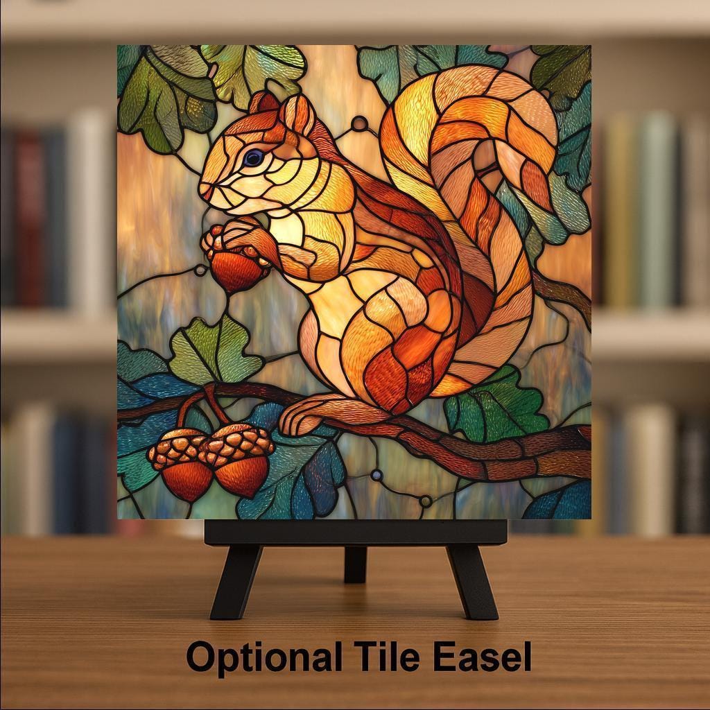 Squirrel Wall Art Ceramic Tile Stained Glass Style Woodland Autumn Forest Nature Home Decor Gift