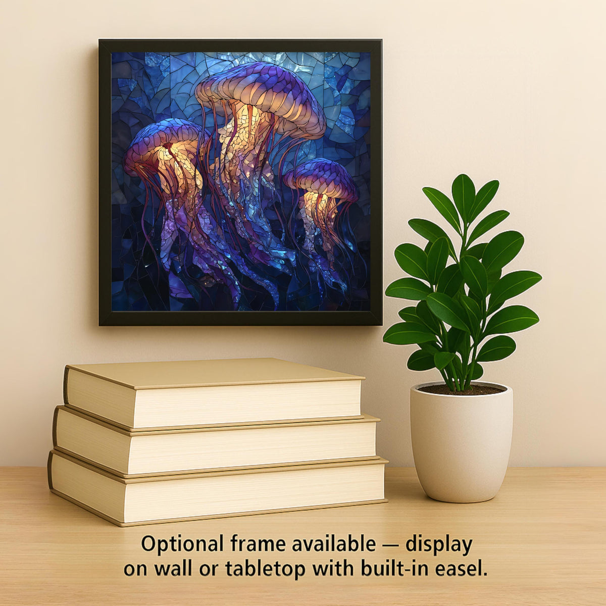 Jellyfish Ceramic Art Tile – Stained Glass Style Ocean Wall Decor, Coastal Beach House Sea Life Gift