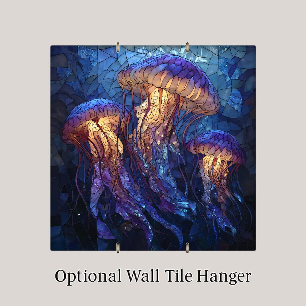 Jellyfish Ceramic Art Tile – Stained Glass Style Ocean Wall Decor, Coastal Beach House Sea Life Gift