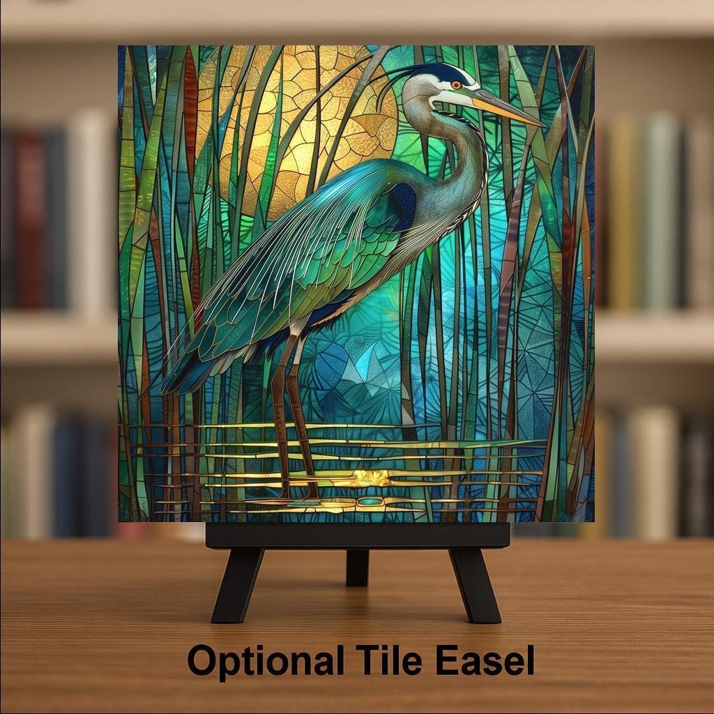 Great Blue Heron Wall Art Ceramic Tile Stained Glass Style Coastal Bird Gift Birdwatcher Gift Memorial Bird