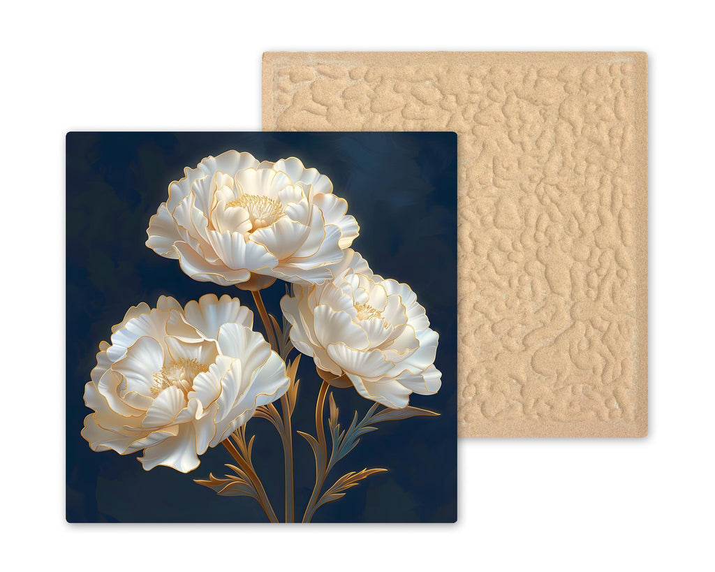 White Carnation Wall Art Ceramic Tile Stained Glass Style Ivory Floral Decor Elegant Blue Botanical Home Gift Tile