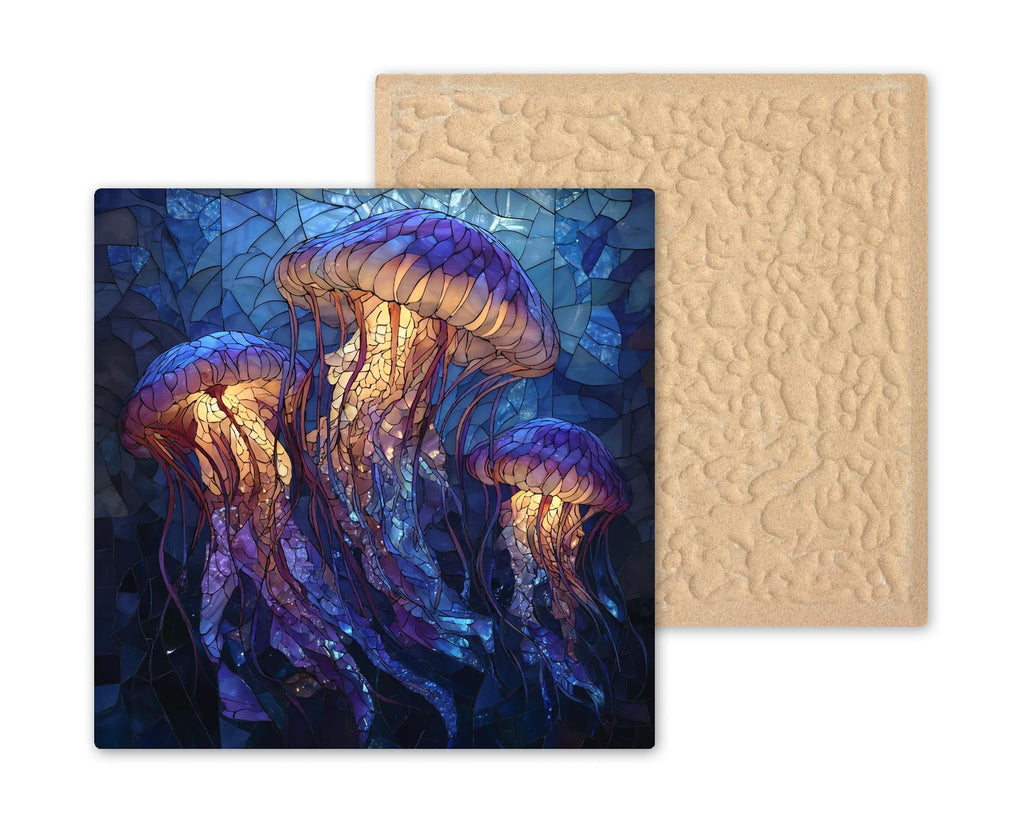 Jellyfish Ceramic Art Tile – Stained Glass Style Ocean Wall Decor, Coastal Beach House Sea Life Gift