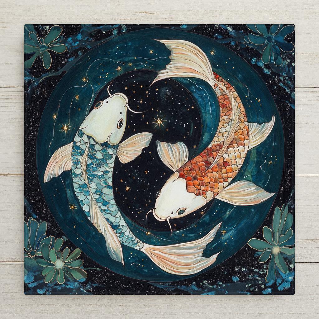 Celebrate Pisces with this stained glass-style ceramic tile featuring koi fish in a cosmic yin-yang flow. Perfect zodiac gift or wall art decor.
