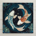 Celebrate Pisces with this stained glass-style ceramic tile featuring koi fish in a cosmic yin-yang flow. Perfect zodiac gift or wall art decor.