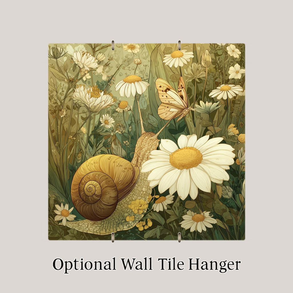 Snail and Daisy Ceramic Art Tile – Pressed Flower Sage Green Wall Decor, Cottagecore Botanical Accent