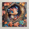 Adorable baby dragon ceramic tile art featuring a colorful dragon peeking from a tree hollow, surrounded by autumn leaves. Perfect for fantasy lovers, fall decor, or as a whimsical handmade gift. Makes stunning wall art or tabletop display!