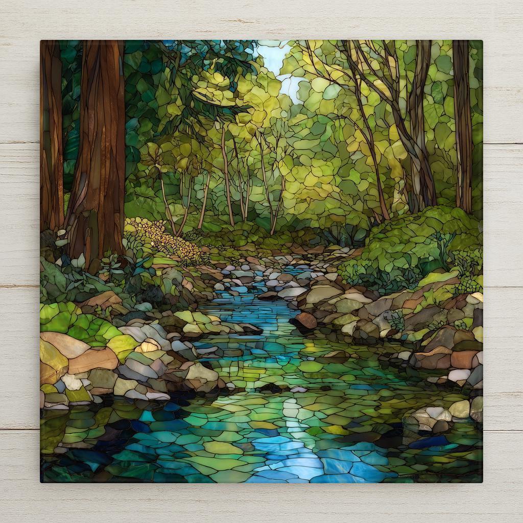 Peaceful forest creek ceramic tile wall art featuring a stained glass–style woodland stream with lush greenery and flowing water. A calming nature-inspired design for wall decor or shelf display. This is a permanent print on ceramic tile, not actual stained glass or mosaic. Optional tile wall hanger, easel tile stand, cork backing, or premium frame available.