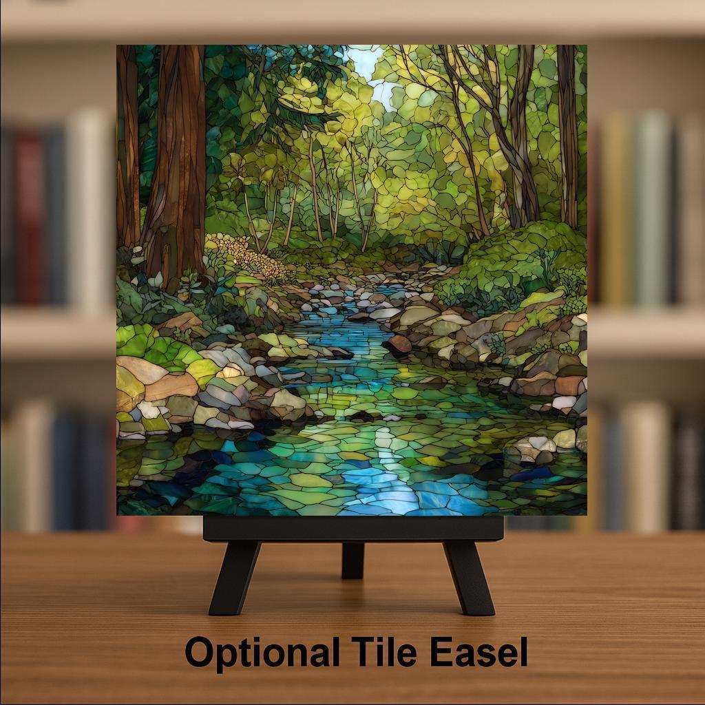 Forest Creek Ceramic Tile Wall Art - Stained Glass Style Woodland Stream Nature Home Decor Gift