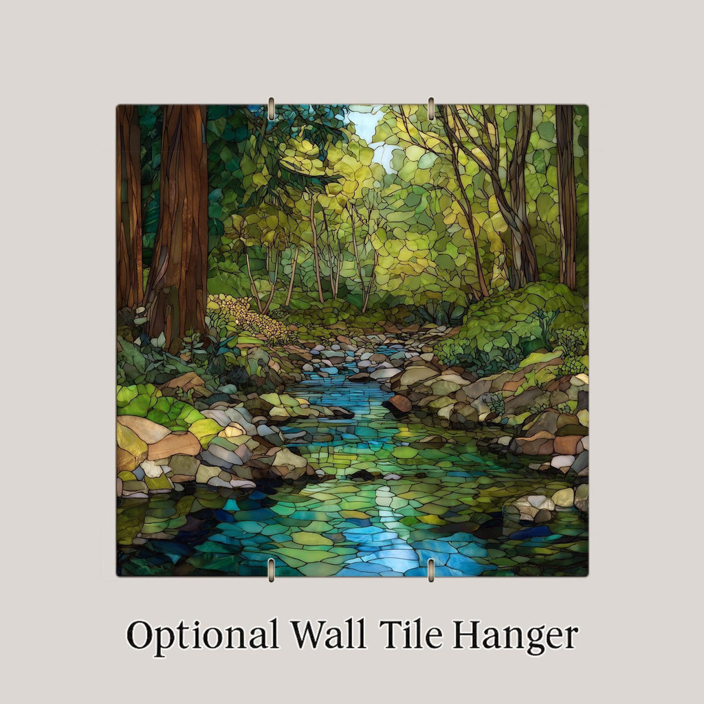 Forest Creek Ceramic Tile Wall Art - Stained Glass Style Woodland Stream Nature Home Decor Gift