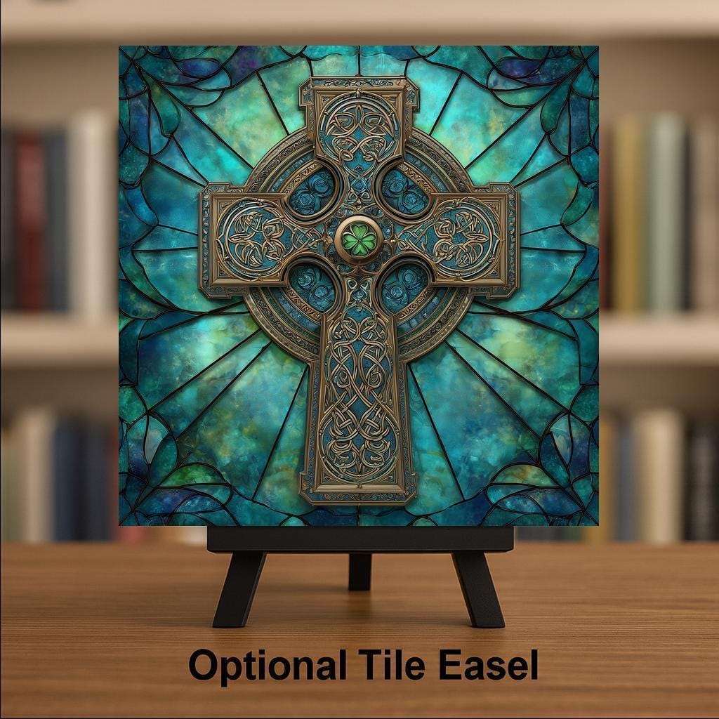 Celtic Cross Ceramic Tile Wall Art - Stained Glass Style Knotwork with Shamrocks, Irish Christian Home Decor Gift