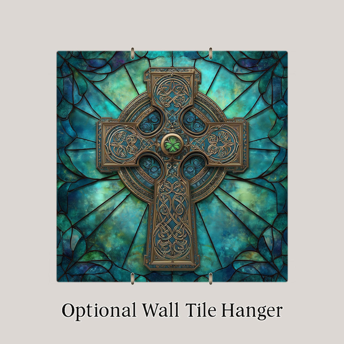 Celtic Cross Ceramic Tile Wall Art - Stained Glass Style Knotwork with Shamrocks, Irish Christian Home Decor Gift