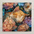 Stained glass style tabby cat ceramic tile portrait with warm amber and brown stripe markings and bright eyes against a soft cobalt and teal background, a vivid and cozy cat lover gift and home decor tile.