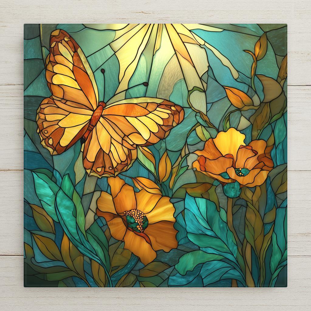 Stained glass style ceramic art tile of an orange monarch butterfly among golden poppies, leaded outlines and glowing glass-panel color on a teal background, botanical garden decor.