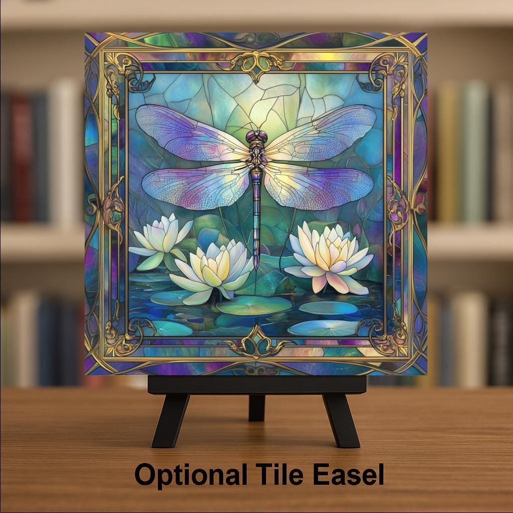 Dragonfly Wall Art Ceramic Tile Art Nouveau Gift William Morris Style Stained Glass Decor Memorial Nature Sympathy