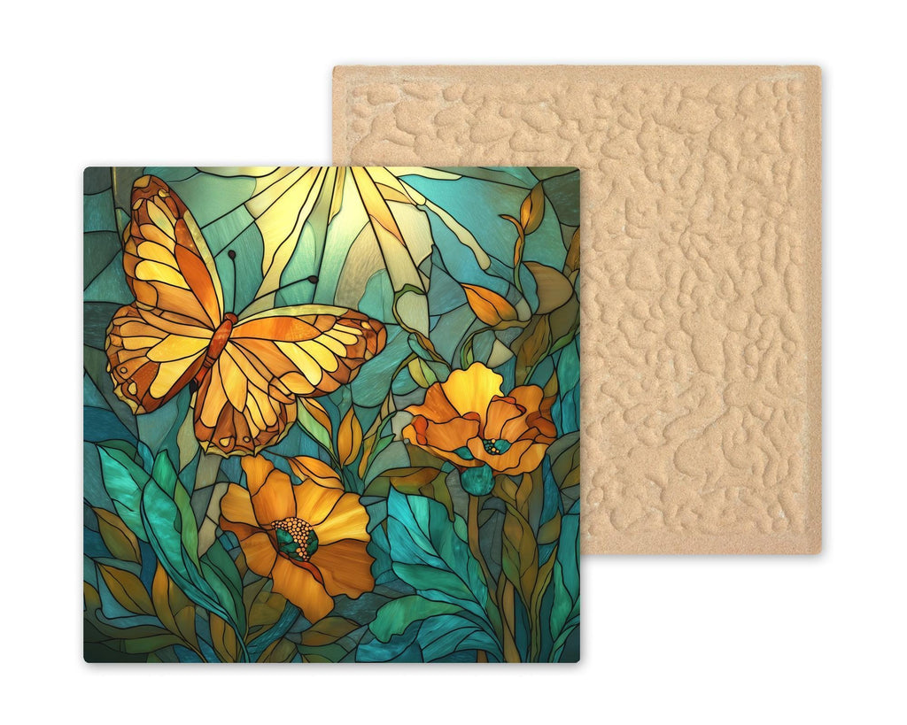 Monarch Butterfly Stained Glass Style Ceramic Art Tile – Orange Poppy Wall Decor, Garden Nature Lover