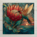 Hummingbird and protea flower stained glass style wall art ceramic tile featuring a colorful hummingbird hovering beside a coral protea bloom over ocean sunset coastal decor.